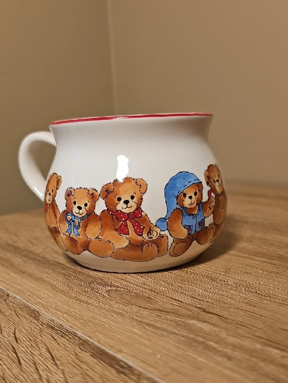 Vintage Enesco Lucy & Me White Ceramic Mug with Cute Bear Row and Red Rim